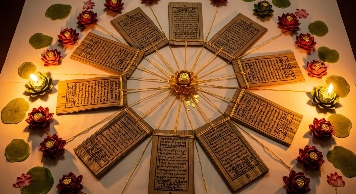 Mạng lưới tri thức Phật giáo — kinh sách cổ kết nối qua sợi vàng